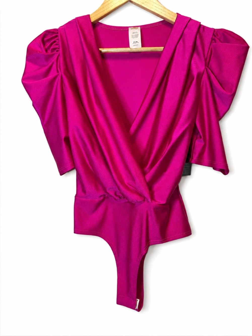 NWT Fuchsia Satin Wrap Bodysuit Puff Sleeve Deep V Party Top Size S